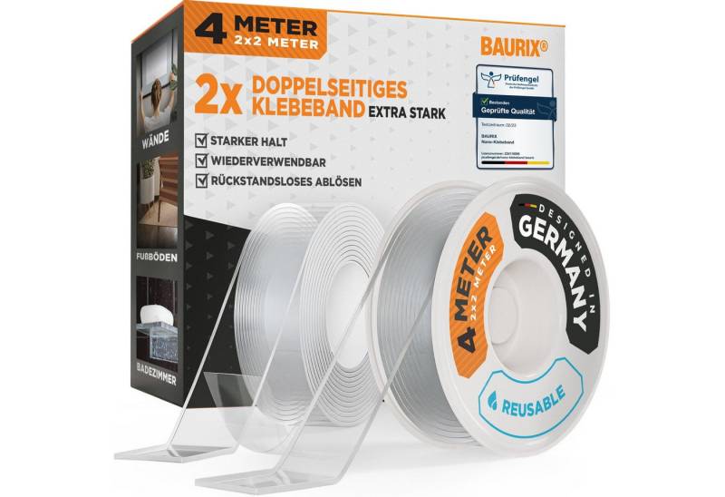BAURIX Doppelklebeband Nano-Tape Doppelseitig I Doppelseitiges Klebeband Extra Stark (2-St) Waschbares Alien Silikon Nano-Klebeband Transparent von BAURIX