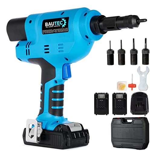 BAUTEC Akku-Blindnietmuttern-Setzgerät » Profi-Serie mit 20.000 N Setzkraft » Set mit 2 Li-Ion Akkus, 4 Mundstücke mit Gewindedorn (M3 / M4 / M5 / M6) und Zubehör im Koffer von BAUTEC TOOLS EQUIPMENT CONSTRUCTION