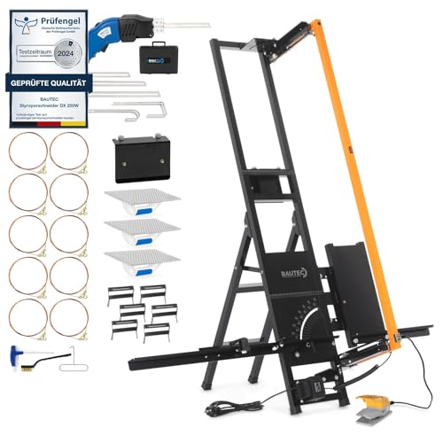 BAUTEC Heißdrahtschneider ALUCUTTER 3014 + Profi Handschneider Styrocutter 250W » Profi-Set inkl. 10 Schneidedrähte, Fußschalter, Gerüsthalterung, 3 Schleifraspel, 6 Styrogrips, Klingenset von BAUTEC TOOLS EQUIPMENT CONSTRUCTION