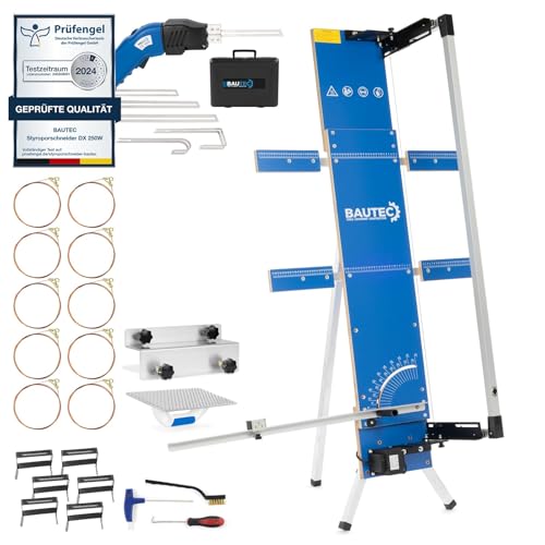 BAUTEC Styroporschneider GAZELLE 5 + STYROCUTTER 250W (Dauerbetrieb) » Profi-Set inkl. 10 Schneidedrähte, Gerüsthalterung, Schleifraspel, 6 Styrogrips, Klingenset für Handschneider von BAUTEC TOOLS EQUIPMENT CONSTRUCTION