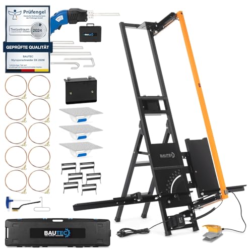 BAUTEC Styroproschneider ALUCUTTER 3014 + Case + Styrocutter 250 W » Premium-Set inkl. 10 Schneidedrähte, Fußschalter, Gerüsthalterung, 3 Schleifraspel, 6 Styrogrips, Klingenset von BAUTEC TOOLS EQUIPMENT CONSTRUCTION