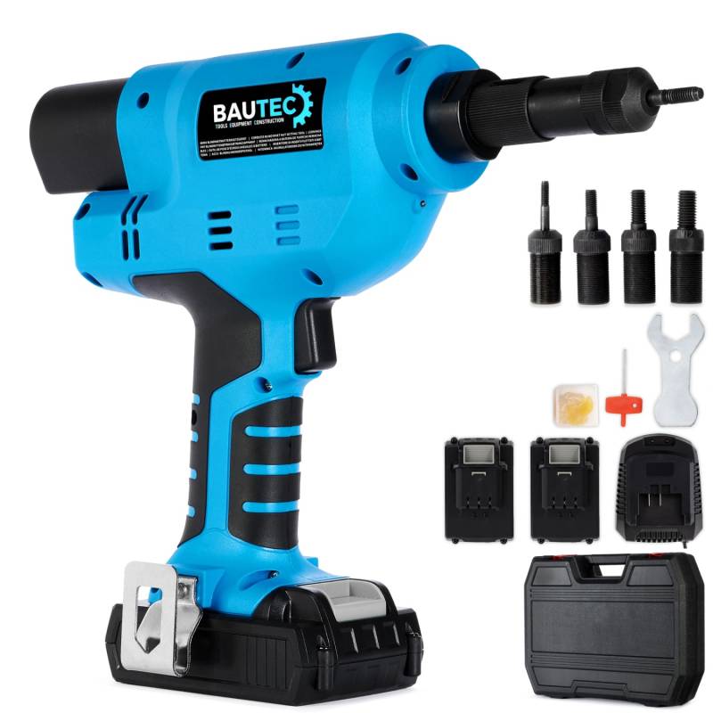 BAUTEC Akku-Blindnietmuttern-Setzgerät 24.000 N für M6 M8 M10 M12 Profi-Serie Kofferset mit 2 Li-Ion Akkus von BAUTEC