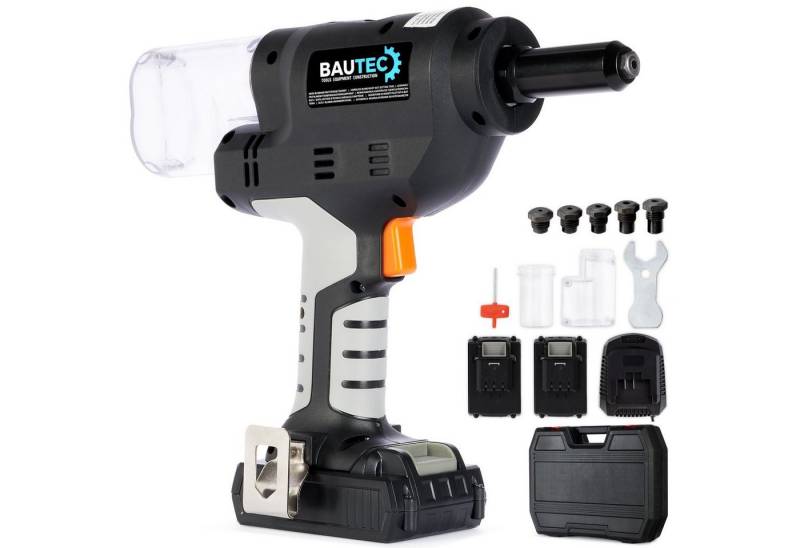 BAUTEC Blindnietzange mit 20.000 N » für Blindnieten Ø 3,2-6,4mm » Profi-Serie » 2 Akkus, Komplett-Set 15-tlg. von BAUTEC