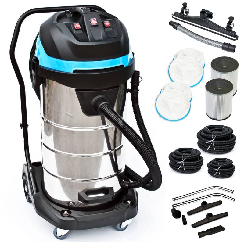 BAUTEC Nass-Trockensauger 100 L 3.400 W XXL-Set mit Fahrbahndüse 3 Saugschläuchen Düsen- und Filterset von BAUTEC