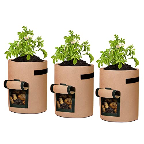 3X Kartoffelpflanzsäcke Hochbeet für Garten Balkon - 7 Gallonen Pflanztopf Pflanzsack Kartoffelsack Pilze Züchten Set - Pflanzsäcke Pflanztöpfe für Erdbeerturm Kartoffeln Blumen Gemüse, Braun - 26L von BAUZEIT