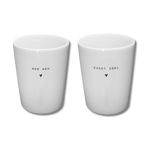 BAVAREGOLA 2er Porzellan Becher Set weiß 280ml mit Spruch Wow Mom & Daddy Cool - Tasse ohne Henkel für Kaffee, Tee, Latte oder Cappuccion - Geschenk für Frauen & Männer von BAVAREGOLA