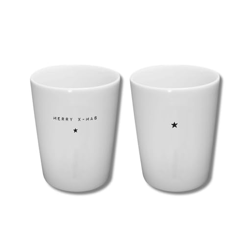 BAVAREGOLA "X-Mas & Stern 2er Weihnachts Porzellan Becher Set weiß 280ml mit Spruch & Motiv - Tasse ohne Henkel für Kaffee, Tee, Latte oder Cappuccino als Geschenk zu Weihnachten von BAVAREGOLA