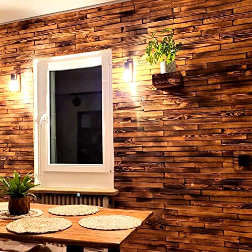 BAVAWOOD Wandverkleidung aus Holz 1,1m² - 50 geflammte Echtholz Riemchen als dekorativer Wandbelag zum Kleben - hochwertige Wandpaneele mit 3D Optik für ein warmes & rustikales Wohngefühl von BAVAWOOD