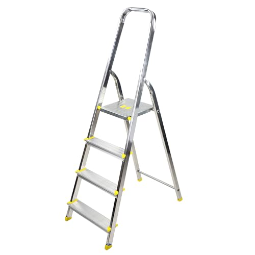 Bayersystem BS-DA4 150 Trittleiter mit 4 Stufen, Aluleiter, bis 150 kg belastbar, max. Arbeitshöhe 2,78 m, Klapptrittleiter mit Handlauf, Anti-Rutsch-Füße, Klapptritt für Haushalt, Silber/Gelb von BAYERSYSTEM LADDER LEITER ÉCHELLE DRABINA