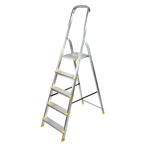 Bayersystem BS-DA5 150 Trittleiter mit 5 Stufen, Aluleiter, bis 150 kg belastbar, max. Arbeitshöhe 2,99 m, Klapptrittleiter mit Handlauf, Anti-Rutsch-Füße, Klapptritt für Haushalt, Silber/Gelb von BAYERSYSTEM LADDER LEITER ÉCHELLE DRABINA