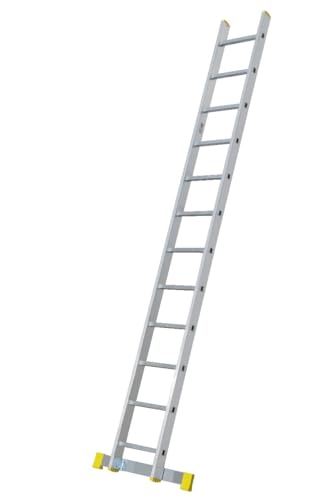 Bayersystem BS-DJ 1x12 Aluminium Anlegeleiter, 12 Sprossen, bis 150 kg belastbar, Leiterhöhe 3,21 m, max. Arbeitshöhe 4,01 m, Profi-Leiter, Stufenanlegeleiter, Silber/Gelb von BAYERSYSTEM LADDER LEITER ÉCHELLE DRABINA
