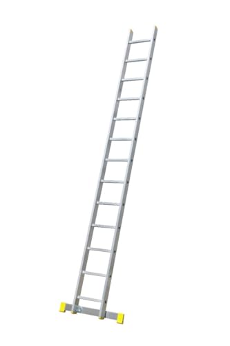 Bayersystem BS-DJ 1x13 Aluminium Anlegeleiter, 13 Sprossen, bis 150 kg belastbar, Leiterhöhe 3,47 m, max. Arbeitshöhe 4,26 m, Profi-Leiter, Stufenanlegeleiter, Silber/Gelb von BAYERSYSTEM LADDER LEITER ÉCHELLE DRABINA