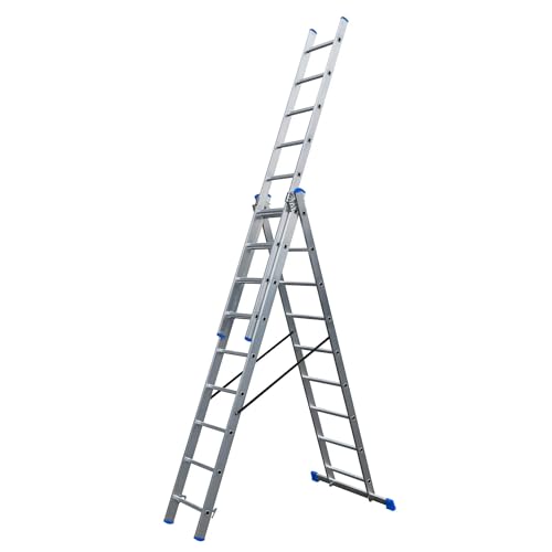 Bayersystem BS-DW 3x9 Blue Mehrzweckleiter, 3x9 Sprossen, 3-teilige Alu-Kombileiter, bis 150 kg belastbar, max. Arbeitshöhe 6,01 m, Klappleiter, Multifunktionsleiter, Stehleiter, Silber/Blau von BAYERSYSTEM LADDER LEITER ÉCHELLE DRABINA