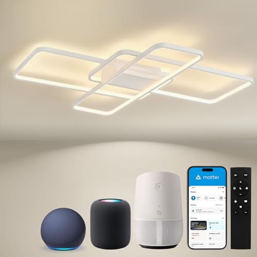 BAYHT LED Deckenlamp Dimmbar Deckenleuchte with Matter, 80W 9600LM, Kompatibel Mit HomeKit, Alexa, Google and IFTTT, Geometrisch Deckenbeleuchtung für Wohnzimmer, Schlafzimmer Weiß (105H*60W) von BAYHT