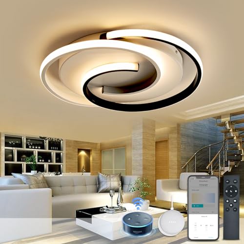 Smart Deckenleuchte, Moderne LED dimmbar deckenlampe mit Alexa Google Home, Rund Wohnzimmerlampe mit Fernbedienung, Schwarz Weiß Schlafzimmerlampe, für Wohnzimmer, Schlafzimmer von BAYHT