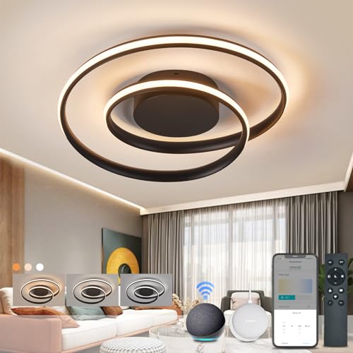 Smart LED Deckenlampe Kompatibel Mit Alexa App Google Home, Dimmbar Deckenleuchte mit Fernbedienung, 5200 Lumen Runde Modern Schwarz Deckenlampe für Wohnzimmer, Schlafzimmer Ø48cm von BAYHT