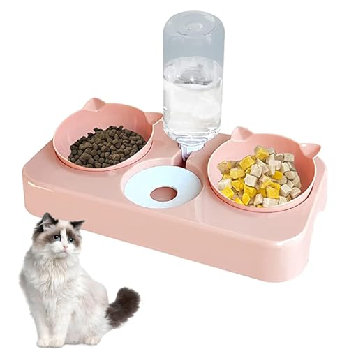 BAYINBROOK Doppelnapf für Katzen Futternapf, 3 in 1 Automatisierte Futternapf und Wasserspender für Katze Hund 8° Doppelnapf Reduzieren Sie Nackenschmerzen für Katzen und Hunde Abnehmbar (Rosa) von BAYINBROOK