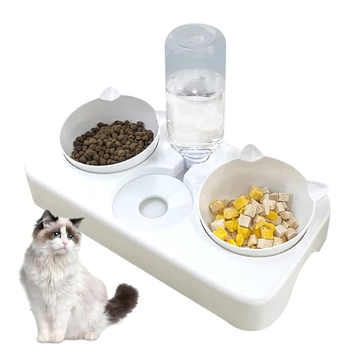 BAYINBROOK Doppelnapf für Katzen Futternapf, 3 in 1 Automatisierte Futternapf und Wasserspender für Katze Hund 8° Doppelnapf Reduzieren Sie Nackenschmerzen für Katzen und Hunde Abnehmbar (Weiß) von BAYINBROOK