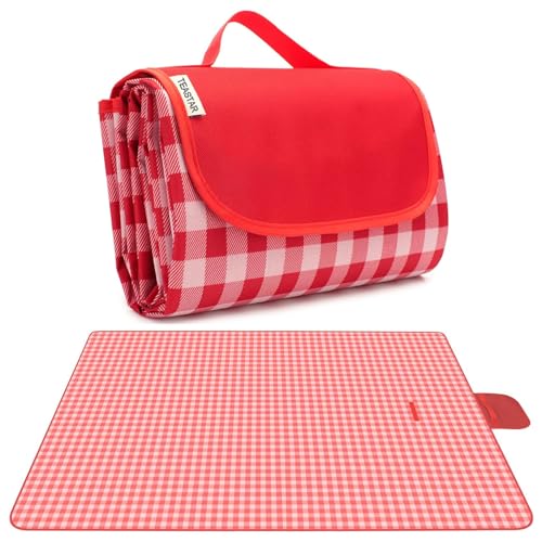 BAYINBROOK Picknickdecke Wasserdicht 200x200, Picknickmatte Groß Stranddecke Sandfrei, Picknickdecke Faltbar Klein, Picknickdecke für Reisen Camping Festival Park (Rot) von BAYINBROOK