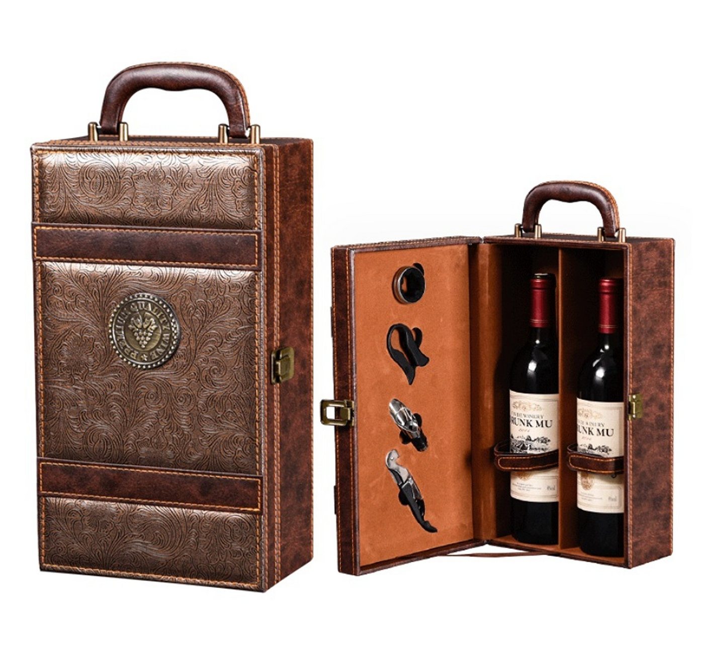 BAYLI Geschenkbox Weinkoffer für 2 Weinflaschen mit Tragegriff inkl. 4-teiliges Sommelie von BAYLI