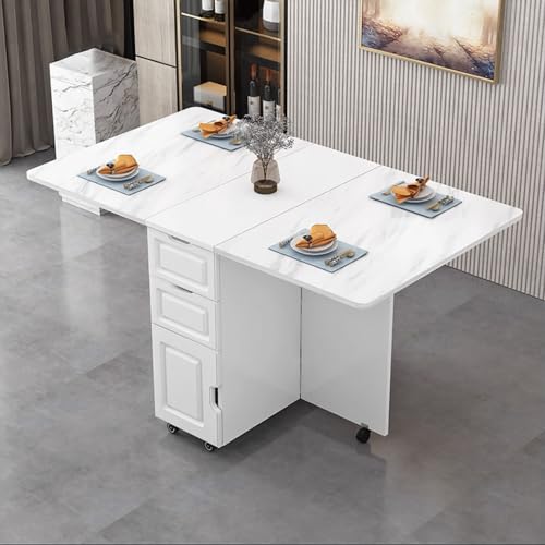 BAYTEWJX Ausziehbarer Küchentisch Platzsparender Esstisch Zusammenklappbare Vielseitiger Tisch mit Rollen für Wohnungen Wohnzimmer und Kleine Räume.(White+White,140x80x75cm) von BAYTEWJX