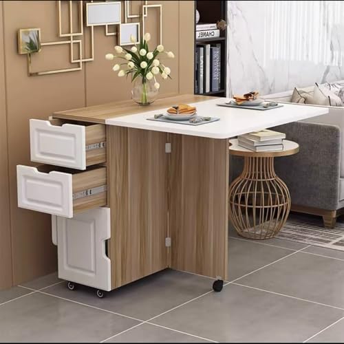 BAYTEWJX Ausziehbarer Küchentisch Platzsparender Esstisch Zusammenklappbare Vielseitiger Tisch mit Rollen für Wohnungen Wohnzimmer und Kleine Räume.(White+Wood,140x80x75cm) von BAYTEWJX