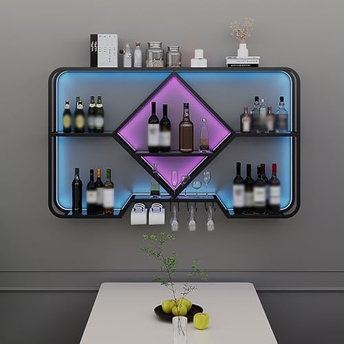 Metall-Weinregal zur Wandmontage LED Industrielles Wand-Weinregal Weinregale mit Weinglashalter Flaschenregal Präsentationsregal für Restaurants Bars Bartheke Wohnzimmer Küche.(Nero,140x20x70cm) von BAYTEWJX