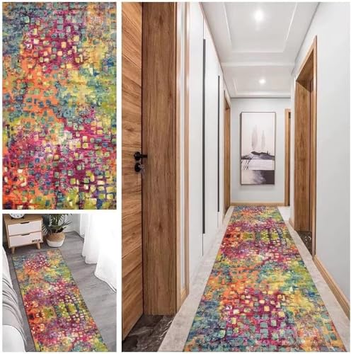 BAYUE Läufer Teppich Lang Flur rutschfest Waschbar 100X350CM,Modern Küchen Teppich Polyester Dauerhaft, Schlafzimmer Muster Carpet, für Wohnzimmer Büro Esszimmer, Anpassbar Teppichläufer Meterware von BAYUE