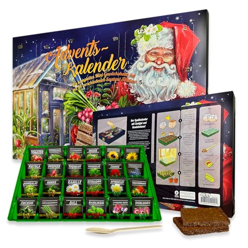 Adventskalender 2025 – Premium Anzuchtset mit 24 Überraschungssäckchen und Mini-Gewächshaus | Geschenkidee für Gartenfreunde | Vielfältige Auswahl an Blumen-, Gemüse- und Kräutersamen von BAZA HOUSE OF SEEDS