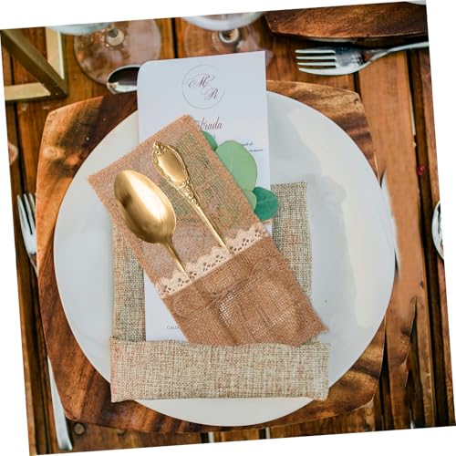 BAZEITFLOW 10 Stück Besteck Aufbewahrungstasche Besteck Organizer Utensilien Spitze Besteckhalter Sackleinen Utensil Geschirr Mit Jutemuster Dekoration Hochzeit Sackleinen Gabeln Tasche von BAZEITFLOW