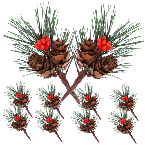 BAZEITFLOW 10 Stück Teiliges Kleine Künstliche PVC Kiefernzweige mit Beeren und Zapfen Mini Weihnachtsbaum Deko für Tischkränze Fensterdeko Innenbereich Langlebige Kunststoffzweige von BAZEITFLOW