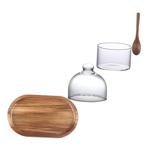 BAZEITFLOW 4 Stück Teiliges Serviertablett Set mit Ovalem Akazienholz Tablett Glasdeckel Glas Milchbecher und Löffel Geeignet für Kaffee Dessert und Getränke für Zuhause und Bäckerei von BAZEITFLOW