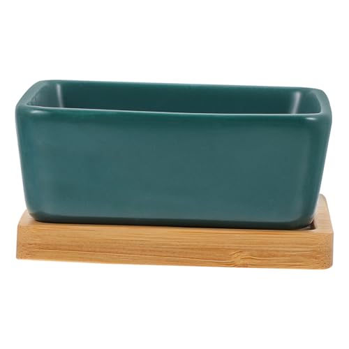 BAZEITFLOW Keramik Katzennapf mit Holztablett rutschfest Quadratisch für Katzen und Kätzchen Futternapf und Wasserschale Ergonomisch Verschüttsicher Passend für Kleine Hunde Teilig von BAZEITFLOW