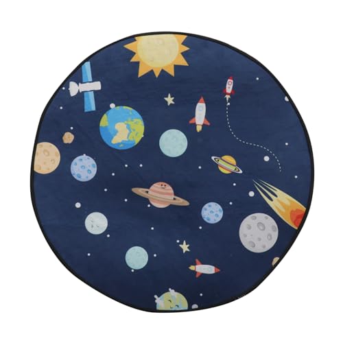 BAZEITFLOW Runder Cartoon Teppich mit Planetenmotiv Waschbarer Kurzflor Bodenmatte aus Polyesterfaser Dekorativ und rutschfest für Wohnzimmer Schlafzimmer Kinderzimmer Durchmesser von BAZEITFLOW