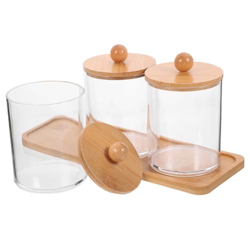 BAZEITFLOW Transparentes Aufbewahrungsglas mit Bambusdeckel und Tablett -organizer für Wattepads Wattestäbchen und Wattekugeln Kosmetik Aufbewahrungsbox für Badezimmer und Schminktisch von BAZEITFLOW