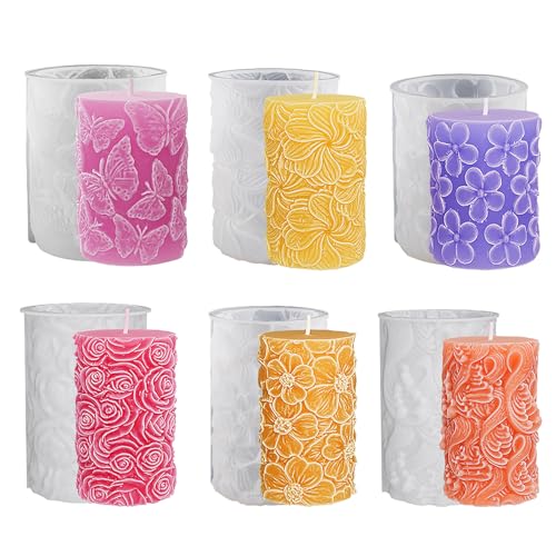 6 Stück Kerzen Formen Silikon, Blumen Säule Kerzenform Silikon, Blumen Silikonformen Gießformen Kerzen, Zylinderförmige Kerzen Formen, DIY Silikonform Kerzen von BAZOVE
