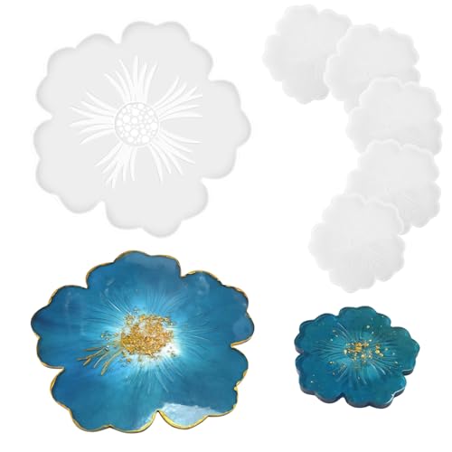 Silikonformen Untersetzer Set, 1 Stück Epoxidharz Tablett Groß & 5 Stück Epoxidharz Untersetzer, Blume Silikonform Epoxidharz Gießformen für Heimdekoration von BAZOVE
