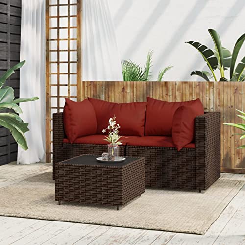 BAZZI 3-TLG. Balkon Lounge Klein Rattan Lounge Moebel Balkon Klein mit Kissen Balkonmöbel Rattan(2xEckteil+Tisch) Balkon Ecksofa Klein Braun und Rot Lounge Klein Balkon Balkonlounge von BAZZI