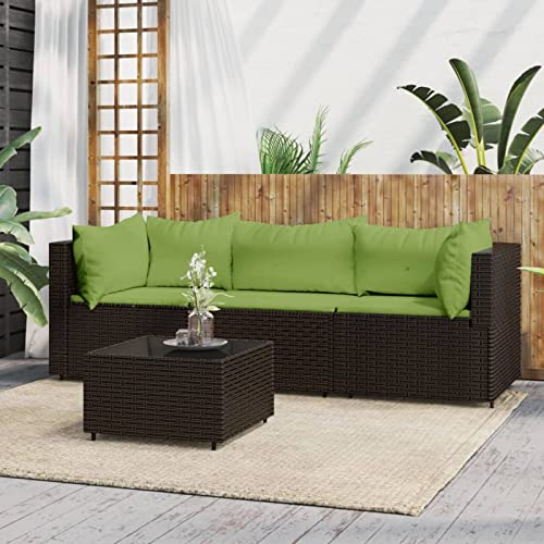 BAZZI 4-TLG. Balkon Lounge Klein Rattan Lounge Moebel Balkon Klein mit Kissen Balkonmöbel Rattan(2xEckteil+Mittelteil+Tisch) Balkon Ecksofa Klein Braun und Grün Lounge Klein Balkon Balkonlounge von BAZZI