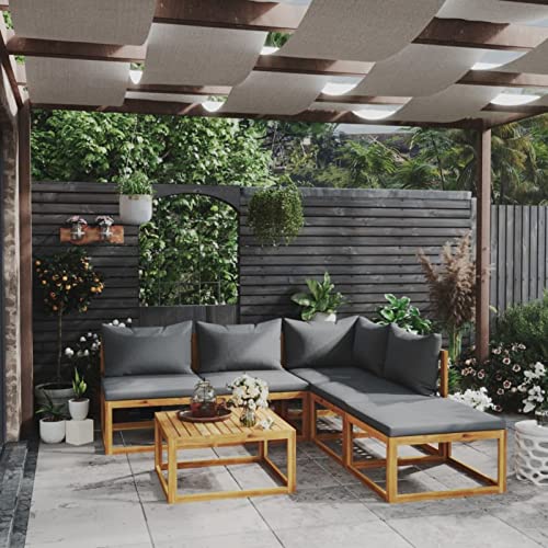BAZZI 6 TLG. Holz Lounge Gartenmöbel Set - Terrassenmöbel mit Dunkelgrau Auflagen, Garten Sitzgruppe, Loungemöbel, Balkonlounge, Set beinhaltet (Eckteil+3xMittelteil+Fußstütze+Tisch) von BAZZI