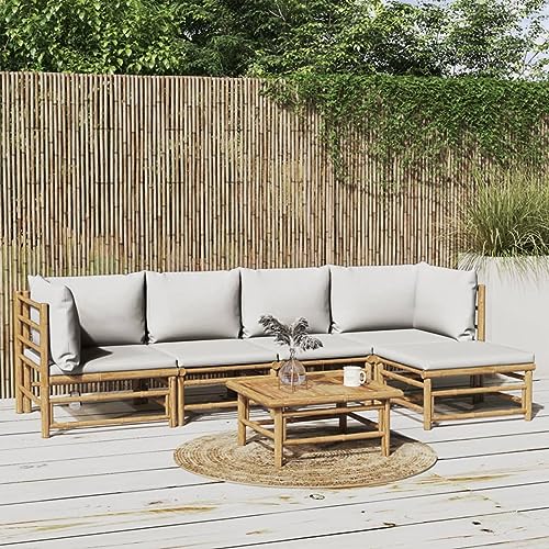 BAZZI Bambus Lounge Wintergarten 6-TLG Outdoor Bambus Lounge Balkon Lounge Modulares Sofa mit Kissen Hellgrau Lounge Bambus Gartenlounge Set Holz (2xEckteil+2xMittelteil+Tisch+Fußstütze) von BAZZI