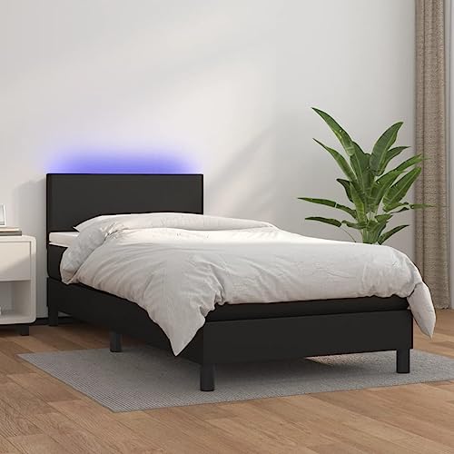 BAZZI Boxspringbett 100 x 200 cm mit Matratze und Led Bett Komplett Polsterbett 100 x 200 cm mit Matratze Schlafzimmerbett Doppelbett Komplett Schwarz-16 Bett mit Lattenrost Jugendbett Kunstleder von BAZZI