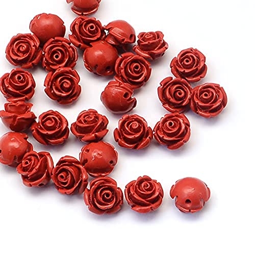 Beadthoven 100 Stück rote Rose Cinnabar Perlen Detail geschnitzte Blume Spacer Perlen 11 x 9 mm Rosenblätter Link Charms Perlen Perlen für Schmuckherstellung Hochzeit Verzierung von BB Beadthoven