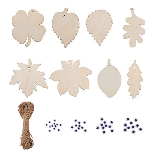 Beadthoven 40 Stück 8 Stile unlackierte Blätter Holz Scheiben Natur Blank Holz Ahorn Kleeblatt Blätter Ausschnitte mit Wackelaugen & Hanfschnüre für Schmuckherstellung von BB Beadthoven