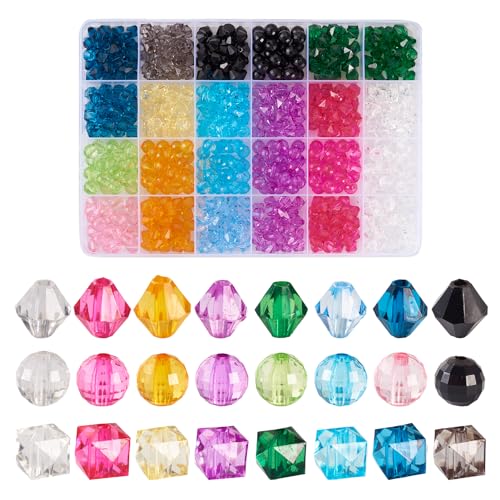 Beadthoven 640 transparente Acryl-Perlen, facettierte Würfel, Doppelkegel, lose Abstandshalter, bunt, rund, Bulk-Perlen, sortierte Perlen für DIY-Armbänder, Schmuckherstellung von BB Beadthoven