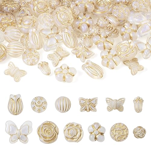 Beadthoven 96 Stück böhmische Vintage-Acrylperlen – 12 Stile, vergoldet, klares Acryl, Abstandshalter – Valentinstag, tschechische Imitationsperlen für DIY-Schmuckherstellung und Bastelzubehör von BB Beadthoven