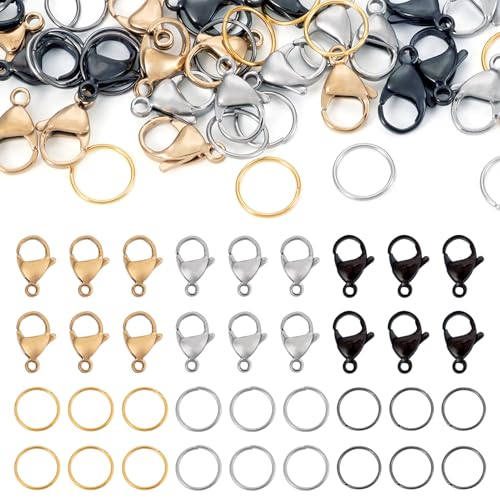 Beadthoven Offene Binderinge und Karabinerverschlüsse, Edelstahl, Anlaufschutz, Haken mit 12 mm Schmuck-O-Ringen für Schmuckherstellung, Armbänder, Halsketten, DIY-Reparatur, 60 Stück von BB Beadthoven