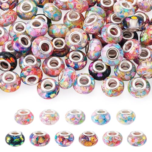 Beadthoven europäische Perlen mit großem Loch, transparent, Rondelle, Kunstharz, europäische Perlen mit Pailletten und Messingkernen, 5 mm großes Loch für selbstgemachte Halsketten, Armbänder Beadthoven europäische Perlen mit großem Loch, transparent, Rondelle, Kunstharz, europäische Perlen mit Pailletten und Messingkernen, 5 mm großes Loch für selbstgemachte Halsketten, Armbänder von BB Beadthoven
