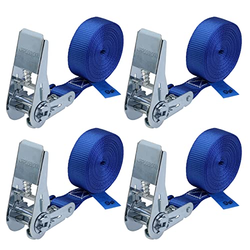Spanngurt mit Ratsche Zurrgurt 4er Set Ratschengurt DIN EN 12195-2 blau 4 m oder 6 m, 25 mm breit - belastbar bis 800 kg, 4er Pack 2.5 cm x 4 m von BB Sport