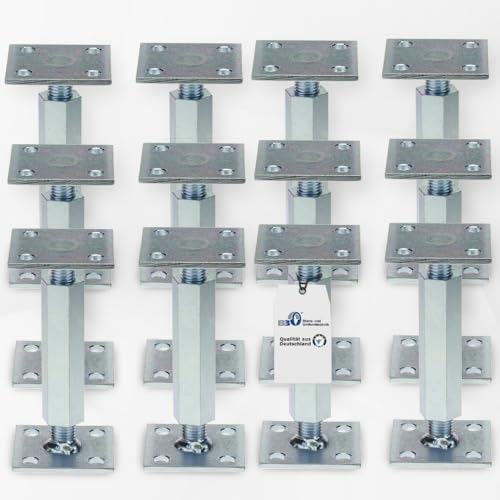 Pfostenträger höhenverstellbar (12 Stück) Boden/ Trägerplatte 80 x 80 x 5 mm Stützenfuß Stützfuß Bodenfuß Betonfuß mit Gewindemuffe verstellbar, Rechts-Linksgewinde von BB Stanz- und Umformtechnik